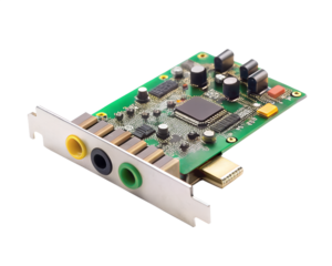 Electronic circuit board with audio jacks and components, isolated on transparent background