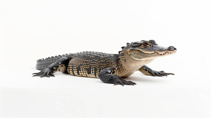 Naklejka premium Juvenile alligator with patterned scaly skin, short legs, and alert eyes resting on a clean white background.