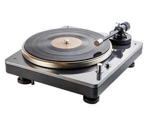 Vintage turntable record player for vinyl music playback, isolated on transparent background