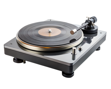 Vintage turntable record player for vinyl music playback, isolated on transparent background