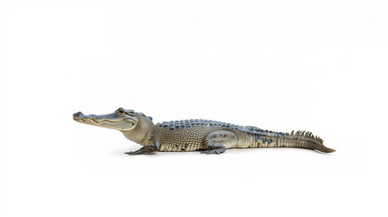 Naklejka premium Gharial Side View, Full side view of a gharial with elongated narrow snout, sharp teeth, and scaly body on a clean white background.