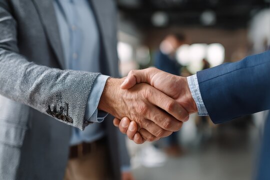 Business professionals engage in a partnership handshake in an office setting during a collaborative meeting for deal negotiations and future projects