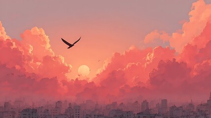 Majestic eagle soars through fiery sunset clouds over a silhouetted landscape