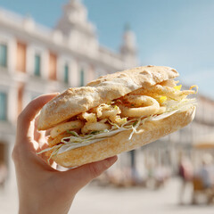 Freshly made seafood sandwich held against a sunny urban backdrop with historic architecture visible in the distance