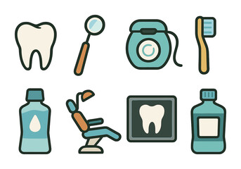 Bright Dental Icons. Flat vector mini-illustrations dental visits in colors children's illustrations: tooth