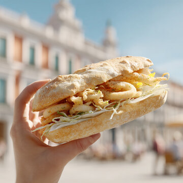 Freshly made seafood sandwich held against a sunny urban backdrop with historic architecture visible in the distance