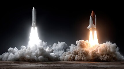 Rockets launch side by side, emitting flames and smoke while breaking through a cloud layer, highlighting advancements in aerospace