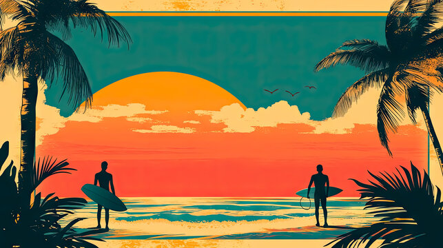 Vintage styled tropical beach with surfers during sunset, summer vibe poster for California Admission Day