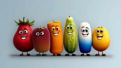 Colorful Animated Fruits and Vegetables Happily Pose Together in a Fun and Cheerful Display