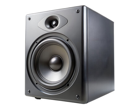 Modern black audio speaker with woofer and tweeter, isolated on transparent background
