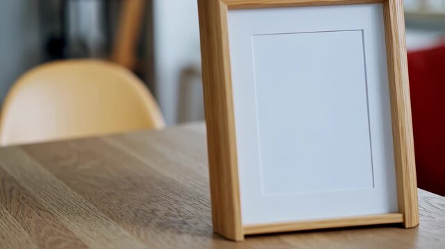 Photo frame on a wooden table against a blurred background, showcasing interior design and home