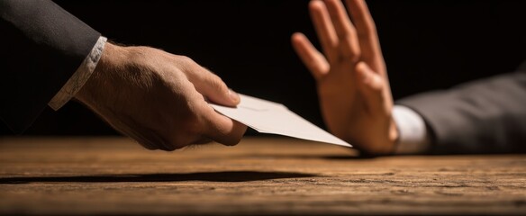 The Envelope Being Offered and Refused by Two People at a Wooden Table