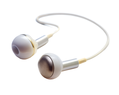 Pair of white earphones with a cord, isolated on transparent background