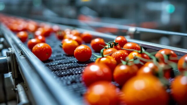Fresh Tomatoes Being Processed on Conveyor Belt in Large Agricultural Facility During Mid-Afternoon