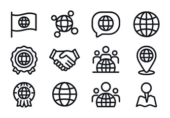 Global Youth Icons. Outline icon set of global youth movements: world flag, international network, language