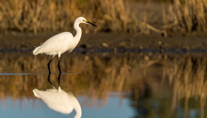 Obraz premium A heron wading in shallow water, reflected perfectly