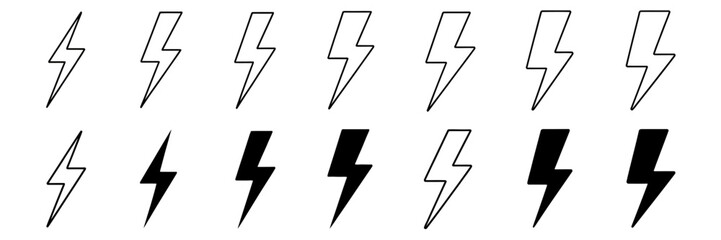 Vector lightning bolt icons in black and white for web design and graphic projects illustration