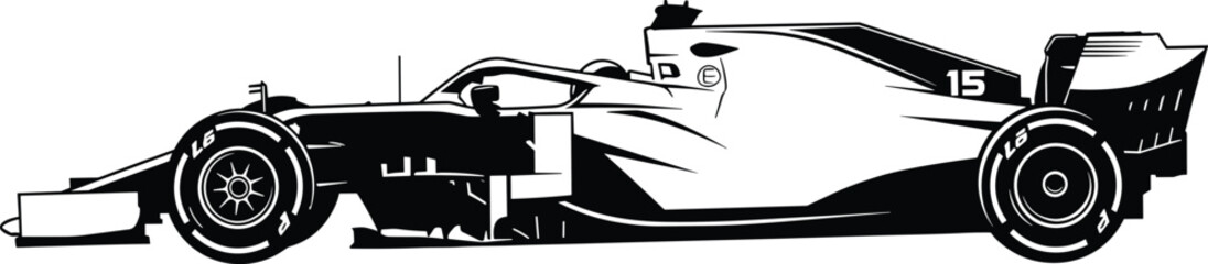 Naklejka premium Formula 1 race car, side view vector, aerodynamic design, rear wing, front wing, number 15, black and white sketch, motorsport illustration