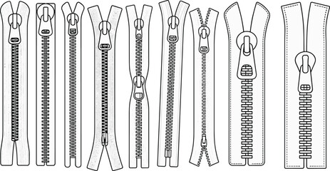 Zipper styles flat vector illustration, mix of closed, open, and partially unzipped designs, varied teeth patterns and slider types, technical fastener sketch set © Hasem Creative