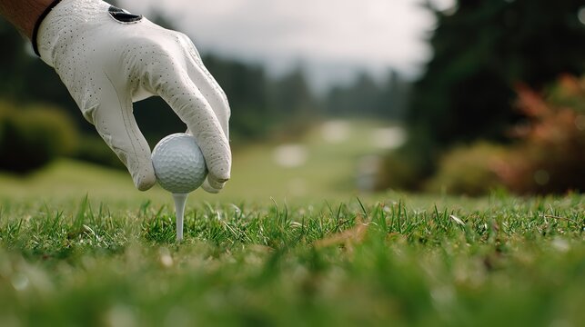 gloved hand places  golf ball on  tee on  lush green fairway with blurred trees and course in  background