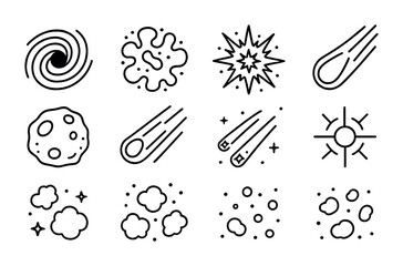 Cosmic Phenomena Icons. Outline icon set of cosmic phenomena: black hole, nebula, supernova, comet, asteroid,