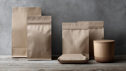 Paper packaging on gray surface minimal eco-friendly branding concept for organic product natural texture bags