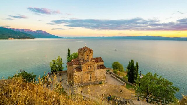 Picturesque view of the saint john at kaneo church on lake ohrid at sunset