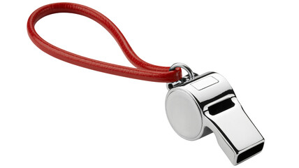 Chrome whistle with red lanyard for sports or emergency use