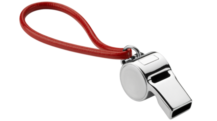 Chrome whistle with red lanyard for sports or emergency use