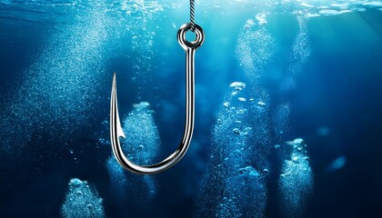 fishing hook suspended underwater dramatic ocean scene with bubbles and blue gradient light minimal concept of bait danger and deep sea capture tool isolated metal object in aquatic depth