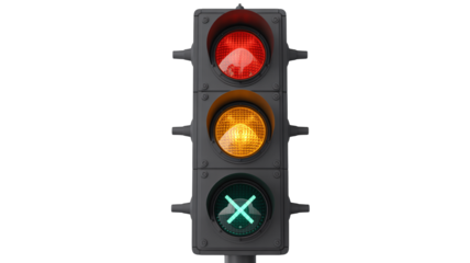 Traffic light showing red, yellow and X green light