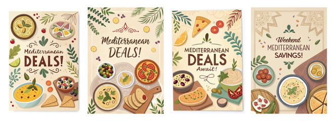 Colorful Mediterranean food illustrations showcase delightful deals and savings on delicious dishes.