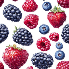 2D illustration of a tileable pattern of mixed berry varieties isolated on a white transparent background