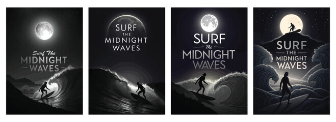 Four striking posters featuring surfers riding waves under the moonlight, capturing nocturnal surf vibes.