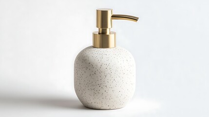 A speckled white soap dispenser with a gold pump sits on a white surface in a studio setting
