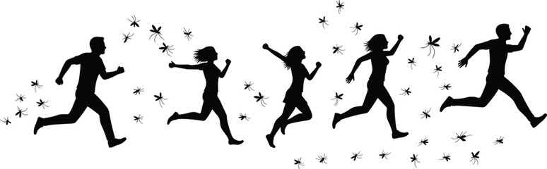 Silhouette of people running with flying insects, men women and children in motion, outdoor activity, movement, freedom, playful nature illustration