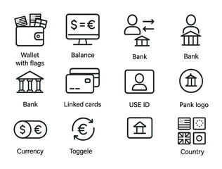 Multi-Currency Icon Set. Outline icon set of multi-currency accounts: wallet with flags, balance dashboard,