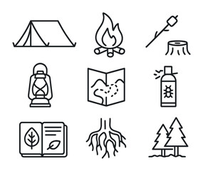 Fototapeta premium Solo Camping Icons. Outline icon set of camping alone in nature: solo tent, bonfire, log stool, marshmallow