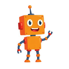 Cute orange robot waving hello isolated on transparent background