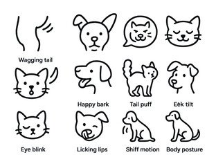 Pet Communication Icons. Outline icon set of pet communication cues: wagging tail, ear tilt, growl bubble,