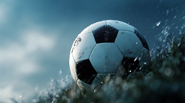 A close up shot of a soccer ball with water droplets against a blurred sky background outdoors on grass - Powered by Adobe