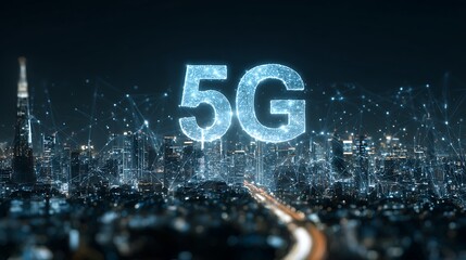 A futuristic cityscape with glowing networks and a prominent digital 5g symbol in the foreground