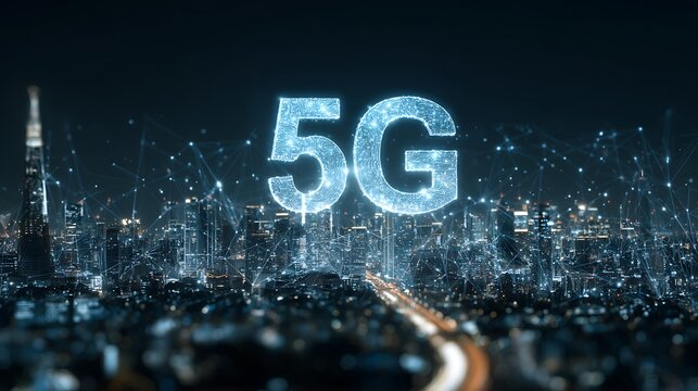 A futuristic cityscape with glowing networks and a prominent digital 5g symbol in the foreground