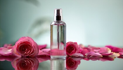 Naklejka premium high end facial toner bottle placed on mirrored surface with delicate rose petals