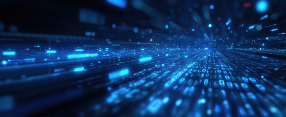 The Binary Data Stream Racing Through a Futuristic Neon Blue Virtual Network Matrix