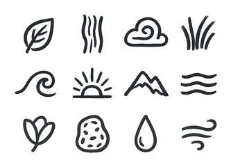 Nature Texture Icons. Outline icon set of brushstroke textures in nature: leaf texture stroke, tree bark line,