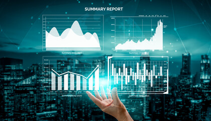 A hand reaches out towards dynamic data visualizations showcasing charts and graphs in a futuristic city backdrop, emphasizing business insights. Impute