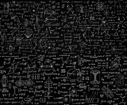 Wide black board with scientific formulas and calculations in physics and mathematics. Scientific and educational background.