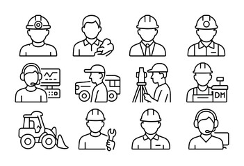 Naklejka premium Mining Roles Icon Set. Outline icon set of mining workforce and roles: miner with helmet, geologist, engineer,