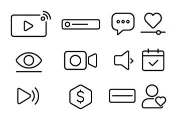 Live Streaming Icons. Outline icon set of live streaming interfaces: broadcast icon, streaming bar, real-time